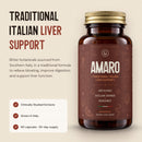 Amaro bottle beside the headline Traditional Italian Liver Support. Bitter botanicals sourced from Southern Italy, in a traditional formula to relieve bloating, improve digestion and support liver function. Clinically studied extracts, grown in Italy, 60 capsules for a 30-day supply