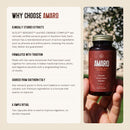 Hand holding a bottle of Amaro outdoors, next to four reasons to choose Amaro: clinically studied extracts, formulated with tradition, sourced from Southern Italy, and a simple ritual of two capsules after a meal