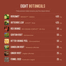 The eight botanicals in Amaro: bergamot 450 mg, artichoke leaf 425 mg, red orange 50 mg, gentian root 50 mg, bitter orange peel 50 mg, dandelion root 25 mg, ginger root 25 mg and fennel seed 25mg.