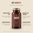 Amaro bottle surrounded by four key benefits: reduces bloating and gas, improved liver function, improved digestion and metabolic support